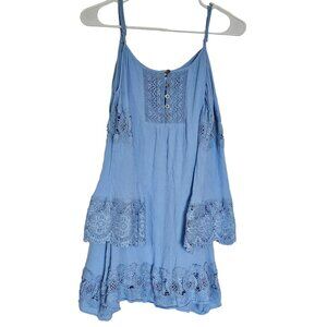 Fashion on Earth Blue Cold Shoulder Mini Dress - Women's S - Lace, Boho, Bell